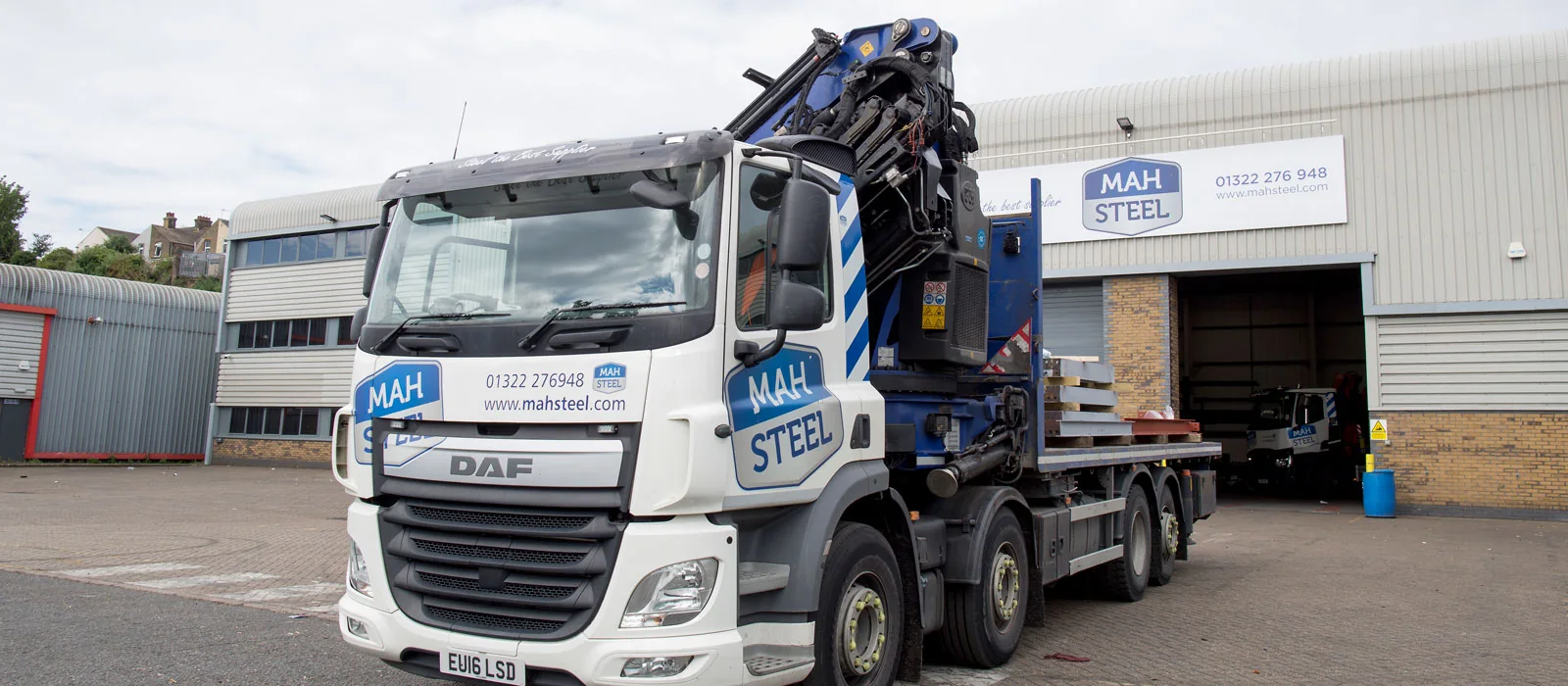 MAH Steel HIAB crane lorry outside the workshop