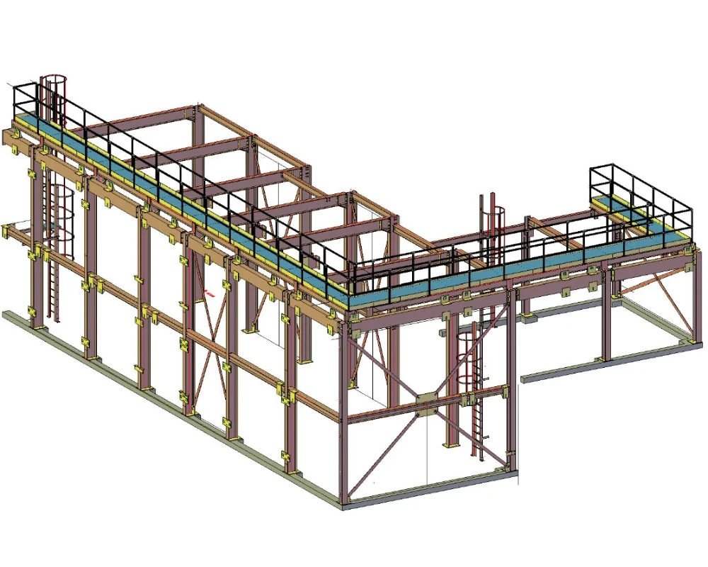 A 3D model of a steel frame with platforms and ladders